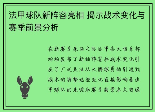 法甲球队新阵容亮相 揭示战术变化与赛季前景分析