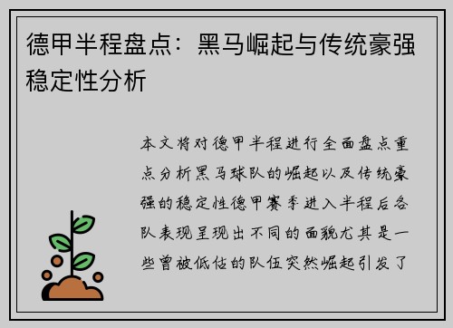 德甲半程盘点：黑马崛起与传统豪强稳定性分析