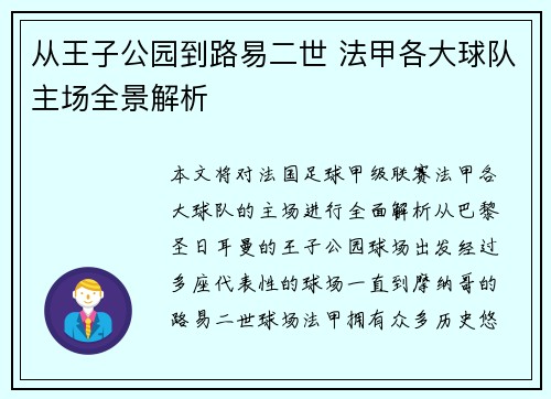 从王子公园到路易二世 法甲各大球队主场全景解析